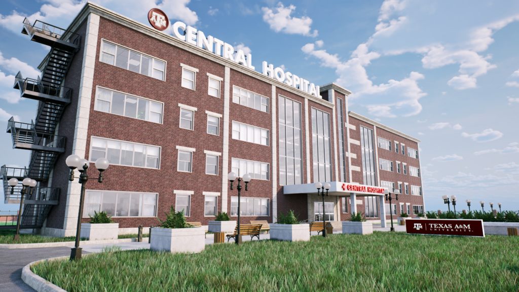 A 3D model of a brick building with the Texas A&M logo and Central Hospital at the top. 